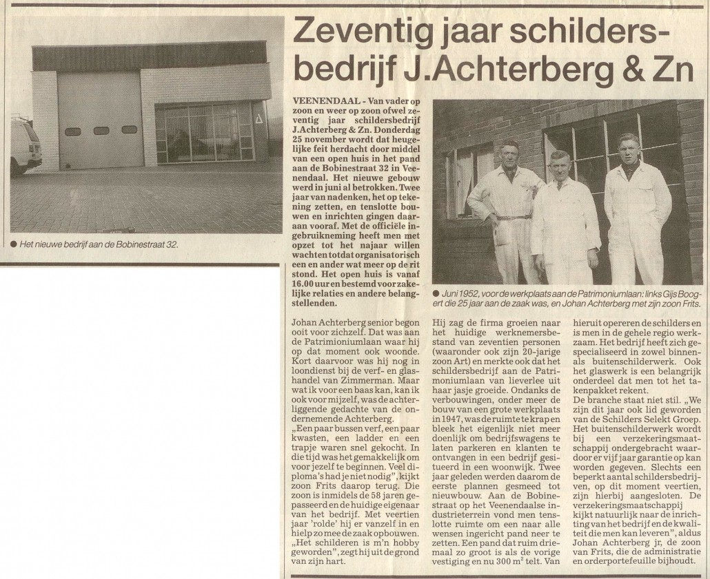 1993 Artikel Rijnpost 70 jaar Achterberg Schilders